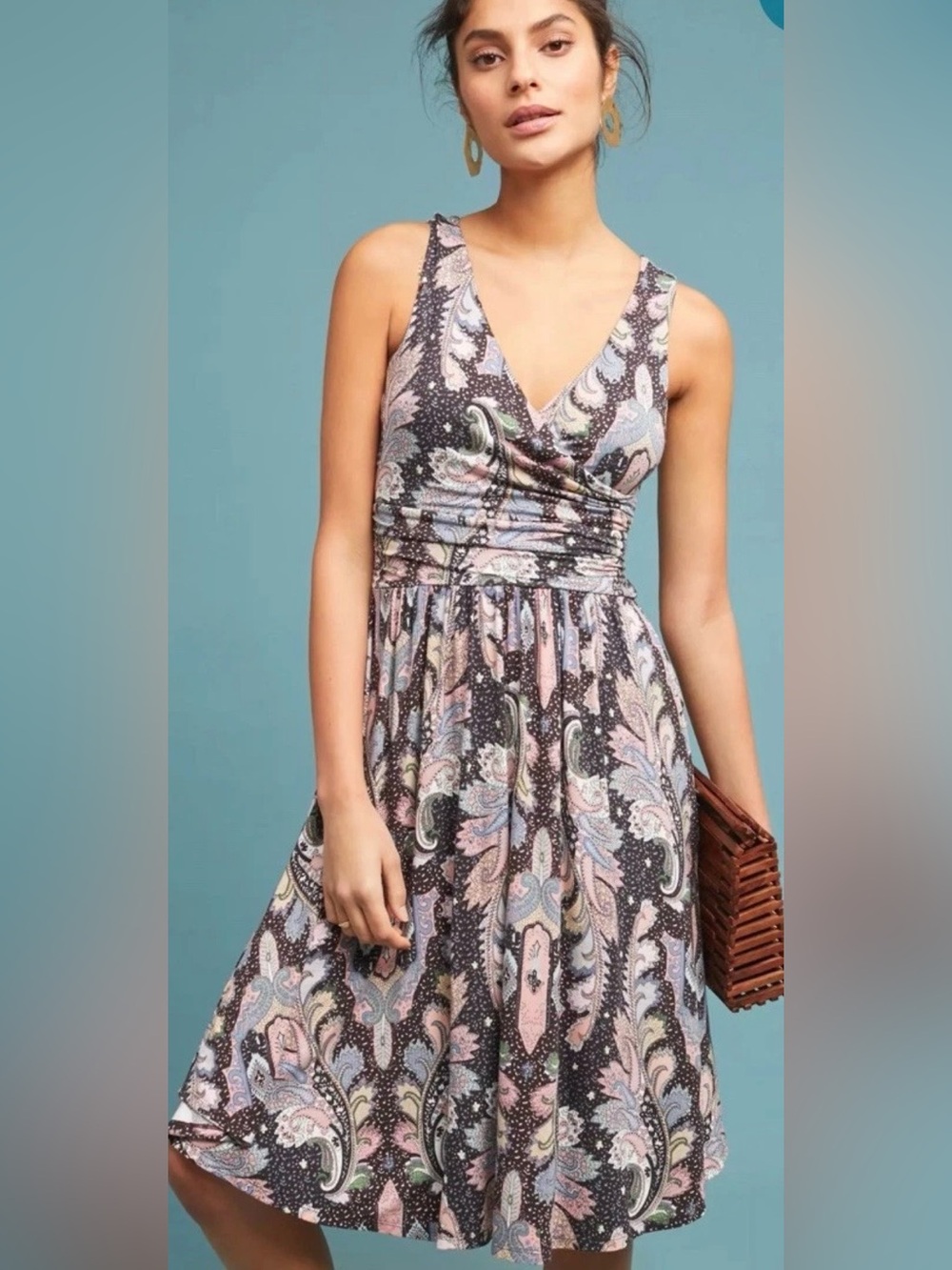 Anthropologie Maeve Size XS Midi Dress Paisley Jersey Wrap Boho Western V-neck